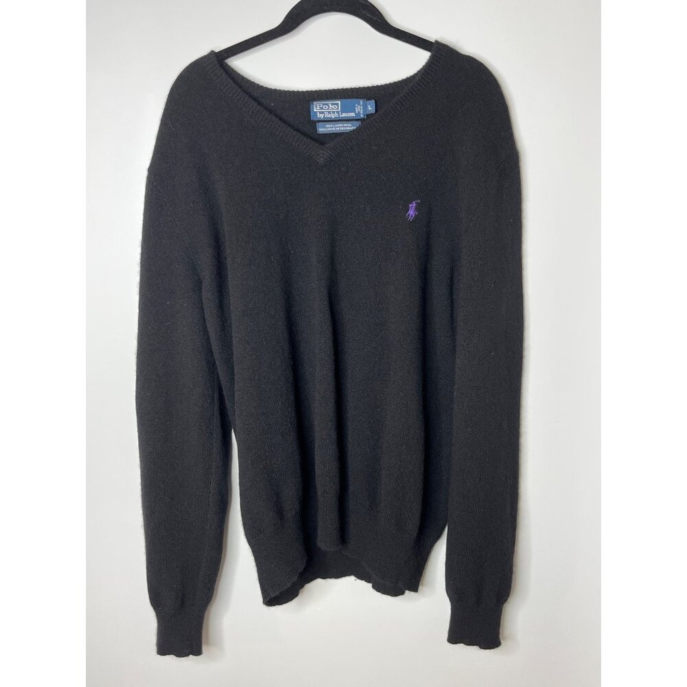 Polo Ralph Lauren VIntage 100% Lamb Wool V-Neck Sweater Black Purple Logo Large